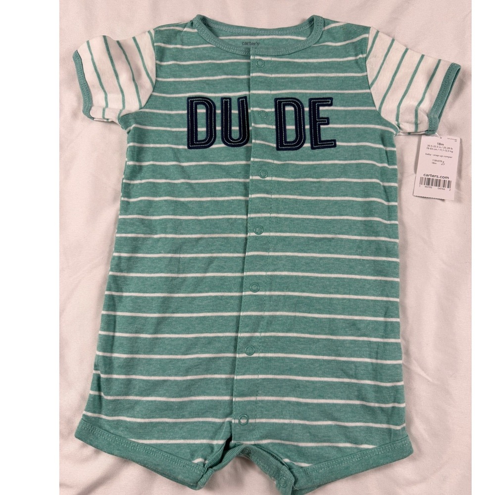 Carters Baby Boy 18M Green White Striped Dude Snap Up Romper NWT
